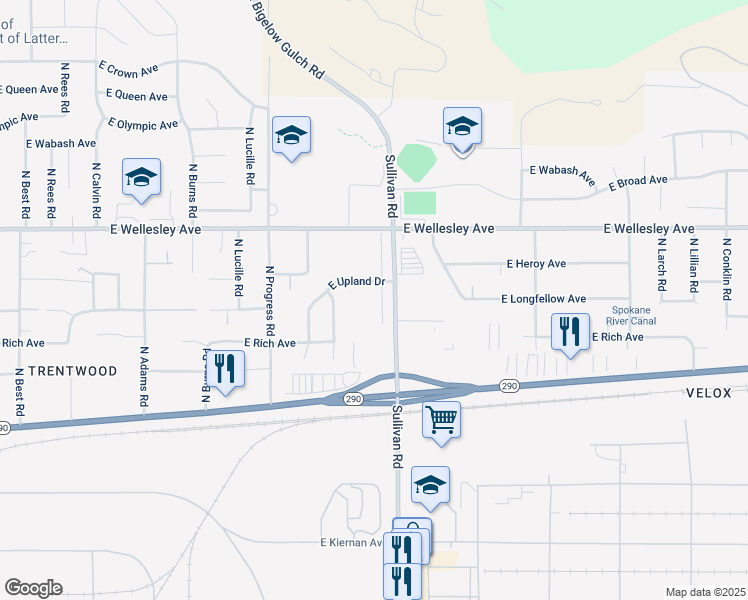 map of restaurants, bars, coffee shops, grocery stores, and more near 4517 North Sullivan Road in Spokane Valley