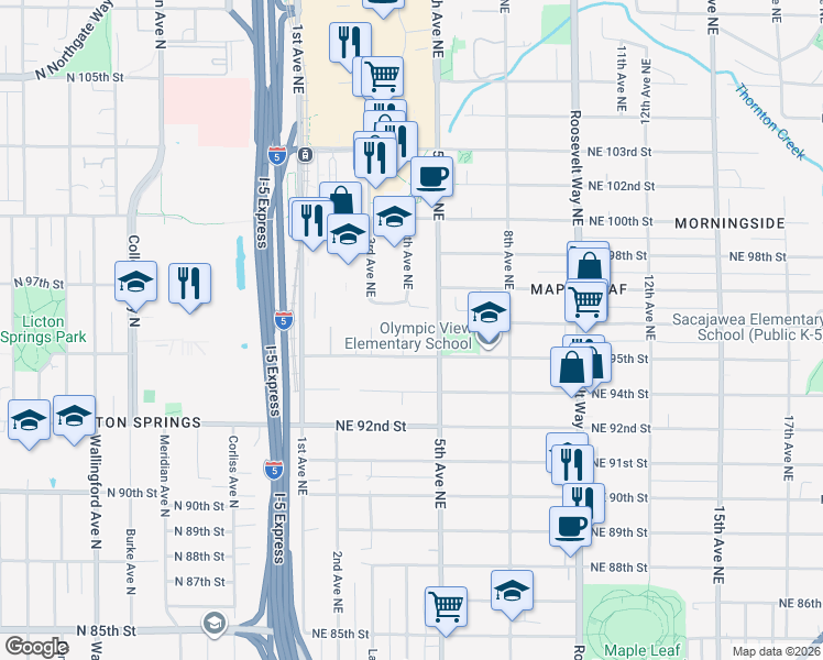 map of restaurants, bars, coffee shops, grocery stores, and more near 9525 5th Avenue Northeast in Seattle