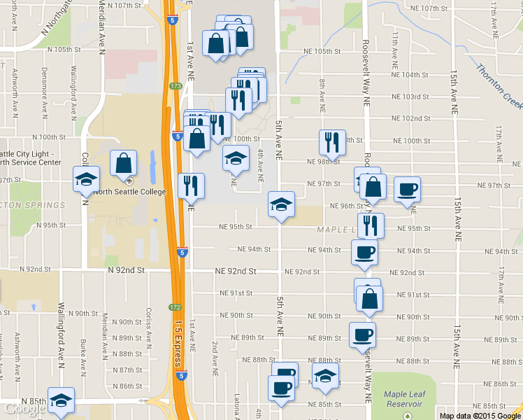 map of restaurants, bars, coffee shops, grocery stores, and more near 9525 5th Avenue Northeast in Seattle