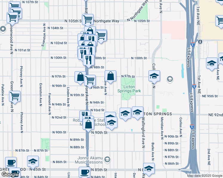 map of restaurants, bars, coffee shops, grocery stores, and more near 9514 Stone Avenue North in Seattle
