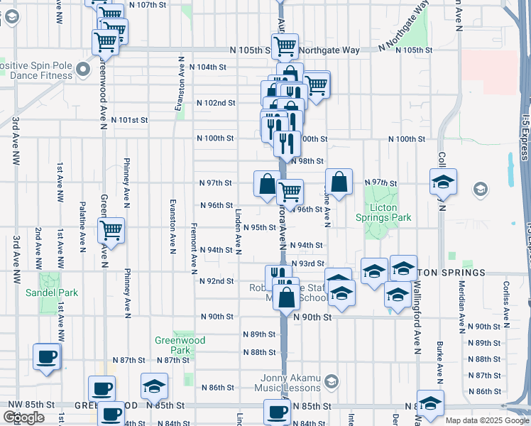 map of restaurants, bars, coffee shops, grocery stores, and more near 927 North 96th Street in Seattle