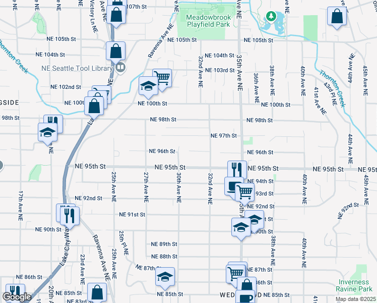 map of restaurants, bars, coffee shops, grocery stores, and more near 3011 Northeast 96th Street in Seattle