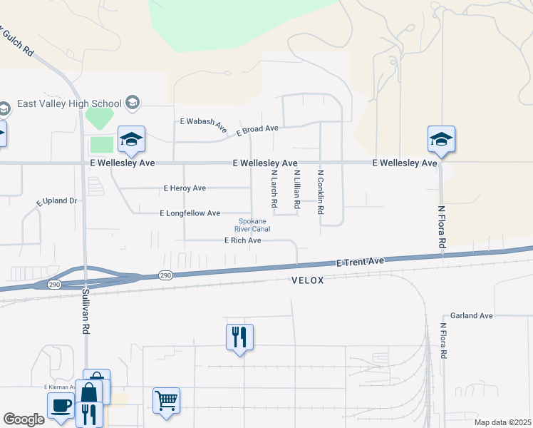 map of restaurants, bars, coffee shops, grocery stores, and more near 4513 North Larch Road in Spokane Valley