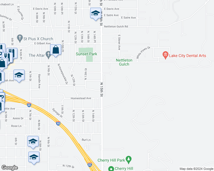 map of restaurants, bars, coffee shops, grocery stores, and more near 2286 North 15th Street in Coeur d'Alene