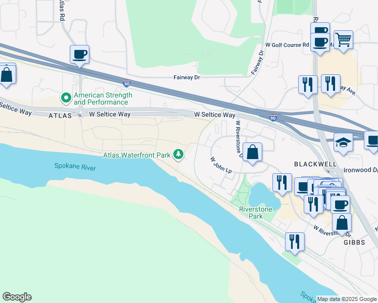 map of restaurants, bars, coffee shops, grocery stores, and more near 2446 West Suzanne Road in Coeur d'Alene
