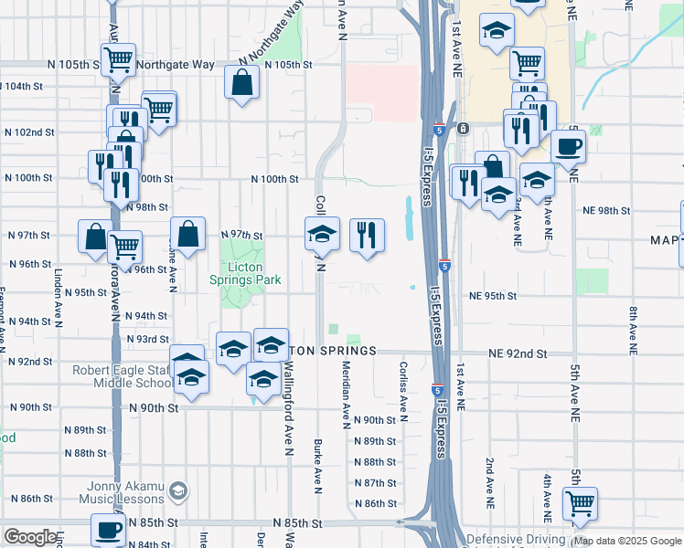 map of restaurants, bars, coffee shops, grocery stores, and more near CC College Way North in Seattle