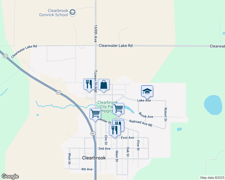 map of restaurants, bars, coffee shops, grocery stores, and more near 319 Main Street in Clearbrook