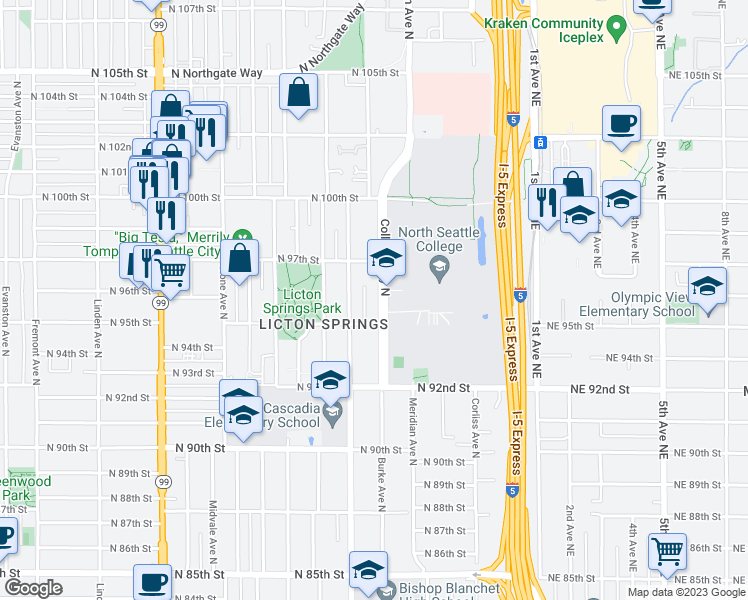 map of restaurants, bars, coffee shops, grocery stores, and more near 9525 College Way North in Seattle