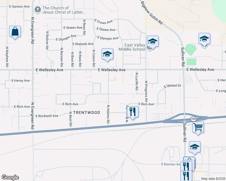 map of restaurants, bars, coffee shops, grocery stores, and more near 4524 North Adams Road in Spokane Valley