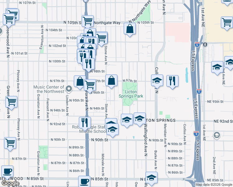 map of restaurants, bars, coffee shops, grocery stores, and more near 9523 Ashworth Avenue North in Seattle