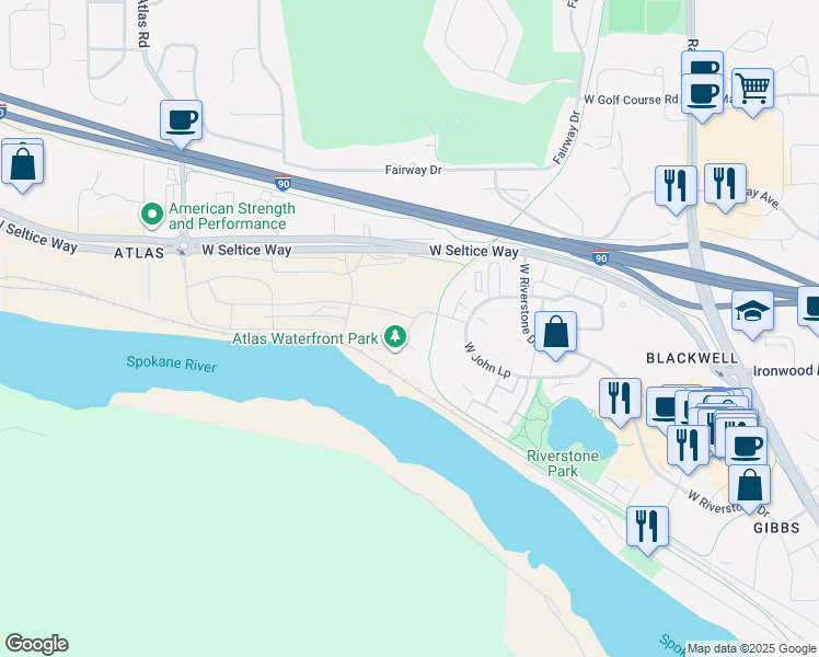 map of restaurants, bars, coffee shops, grocery stores, and more near 2968 West Suzanne Road in Coeur d'Alene