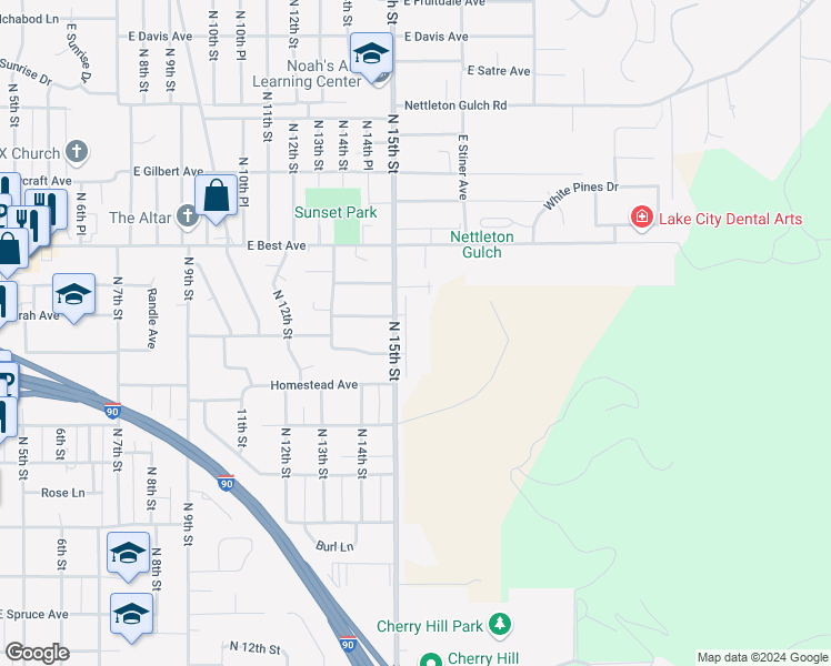 map of restaurants, bars, coffee shops, grocery stores, and more near 2288 North 15th Street in Coeur d'Alene