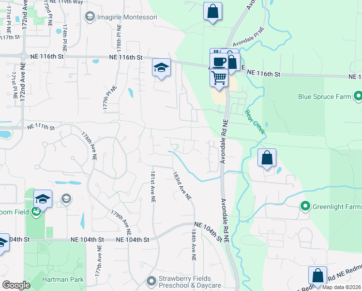 map of restaurants, bars, coffee shops, grocery stores, and more near 18208 Northeast 110th Street in Redmond