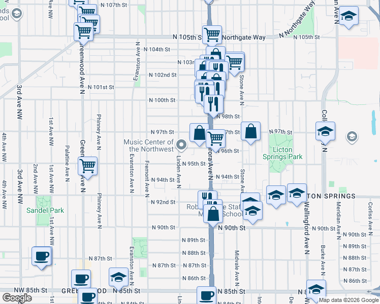 map of restaurants, bars, coffee shops, grocery stores, and more near 927 North 96th Street in Seattle