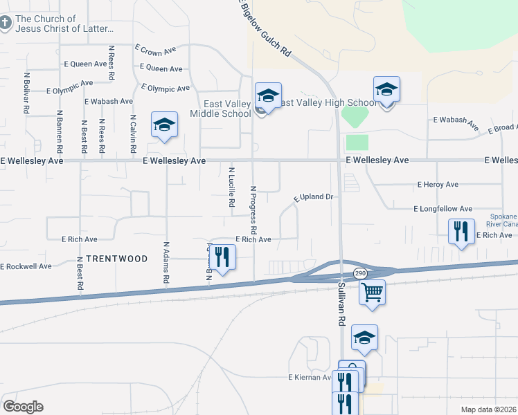 map of restaurants, bars, coffee shops, grocery stores, and more near 4509 North Progress Road in Spokane Valley