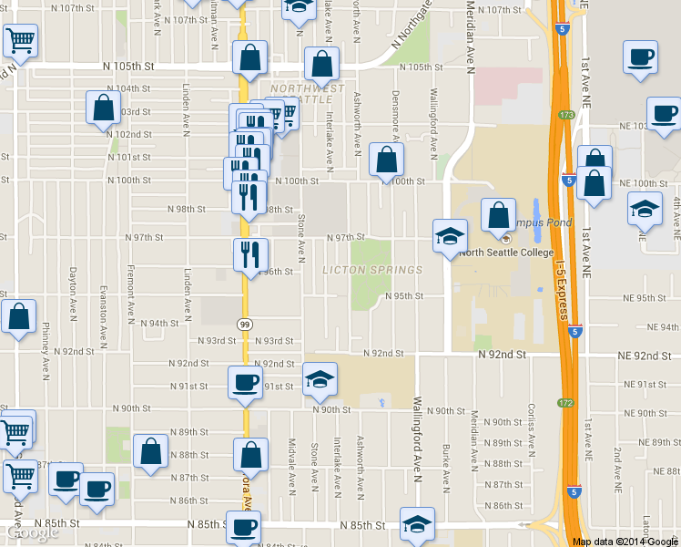 map of restaurants, bars, coffee shops, grocery stores, and more near 9523 Ashworth Avenue North in Seattle