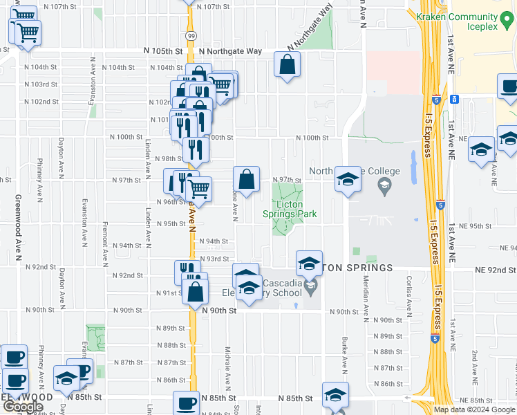map of restaurants, bars, coffee shops, grocery stores, and more near 9523 Ashworth Avenue North in Seattle