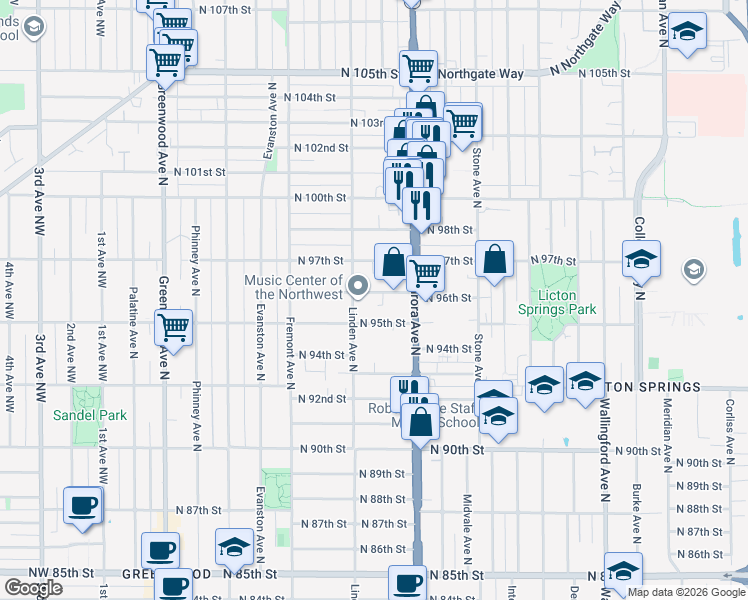 map of restaurants, bars, coffee shops, grocery stores, and more near 927 North 96th Street in Seattle