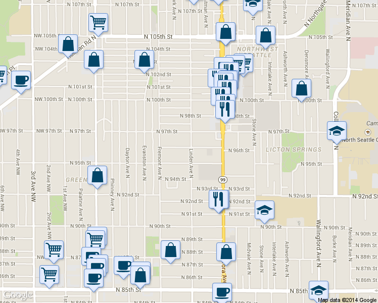 map of restaurants, bars, coffee shops, grocery stores, and more near 749 North 96th Street in Seattle
