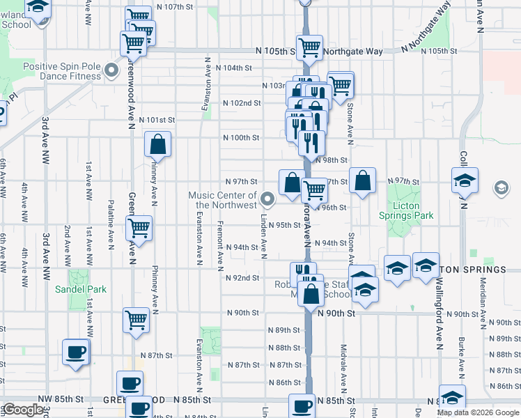 map of restaurants, bars, coffee shops, grocery stores, and more near 749 North 96th Street in Seattle