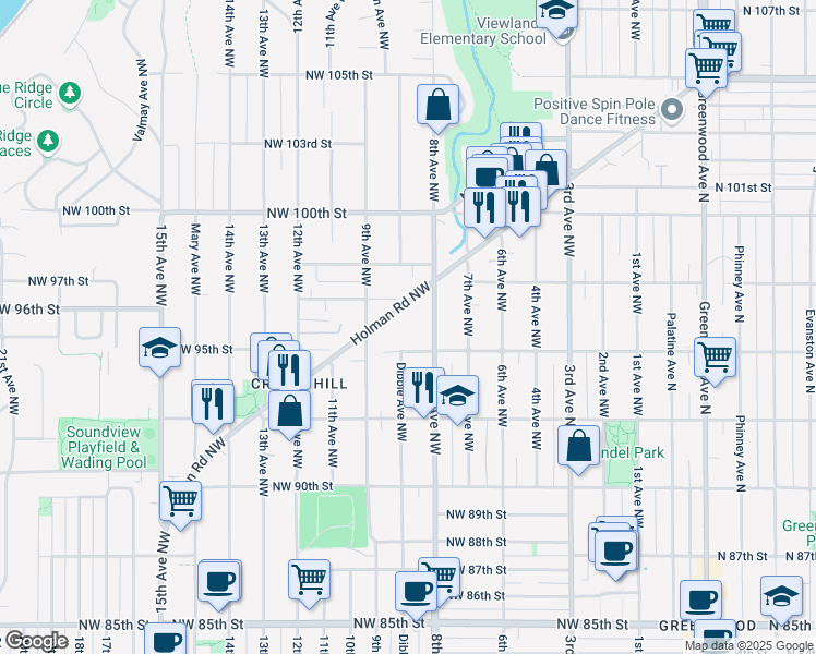 map of restaurants, bars, coffee shops, grocery stores, and more near 820 Northwest 95th Street in Seattle