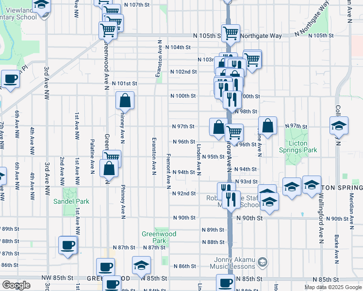 map of restaurants, bars, coffee shops, grocery stores, and more near 725 North 96th Street in Seattle