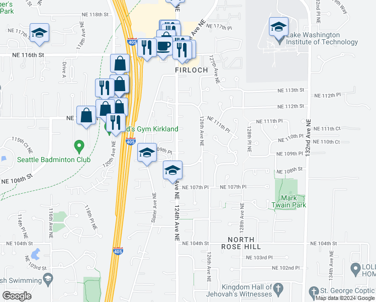 map of restaurants, bars, coffee shops, grocery stores, and more near 12418 Northeast 109th Place in Kirkland