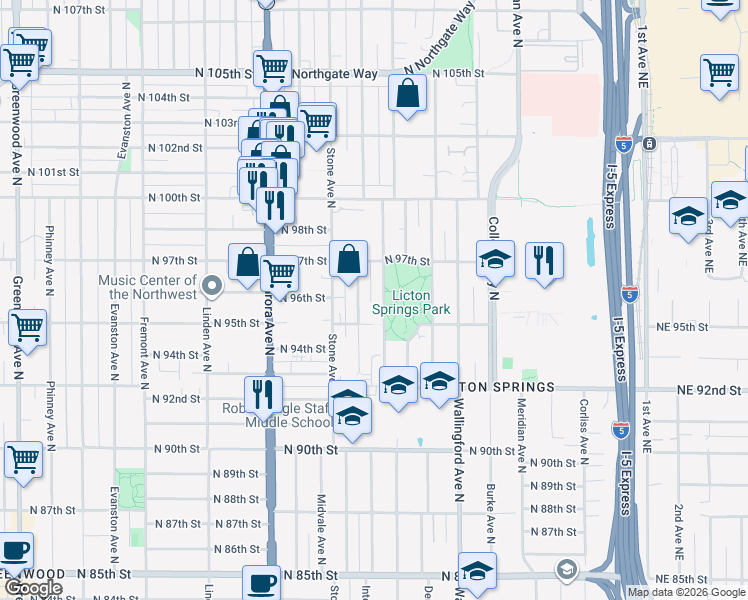 map of restaurants, bars, coffee shops, grocery stores, and more near 9523 Ashworth Avenue North in Seattle