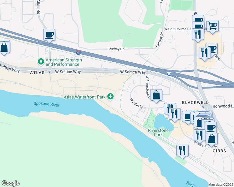 map of restaurants, bars, coffee shops, grocery stores, and more near 2440 West Suzanne Road in Coeur d'Alene