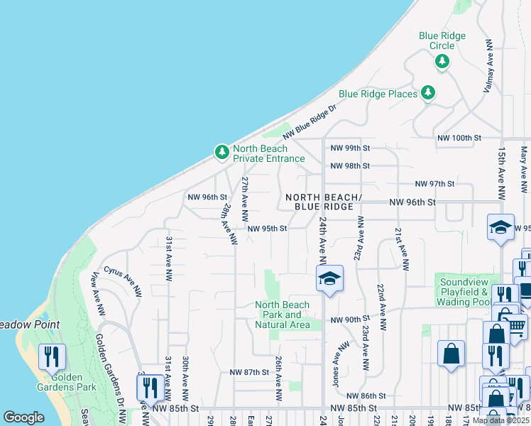 map of restaurants, bars, coffee shops, grocery stores, and more near 2635 NW 96th St in Seattle
