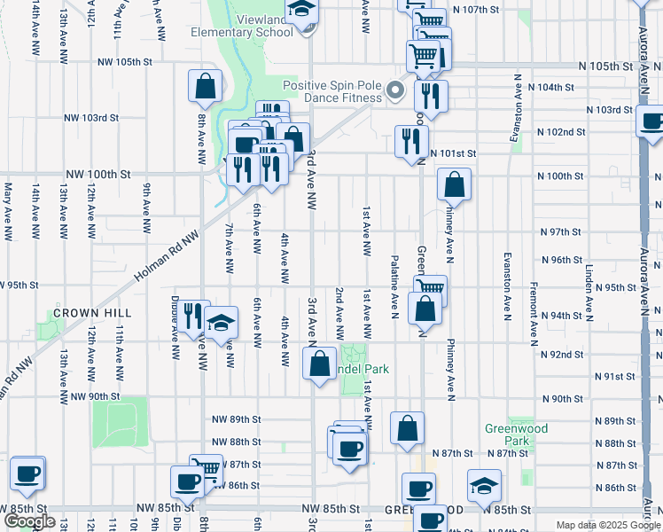 map of restaurants, bars, coffee shops, grocery stores, and more near 9521 2nd Avenue Northwest in Seattle