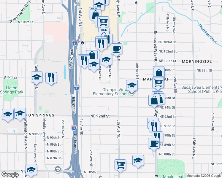 map of restaurants, bars, coffee shops, grocery stores, and more near 9525 5th Avenue Northeast in Seattle