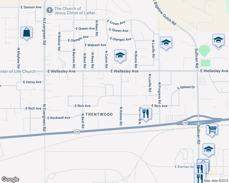 map of restaurants, bars, coffee shops, grocery stores, and more near 4520 North Warren Road in Spokane Valley