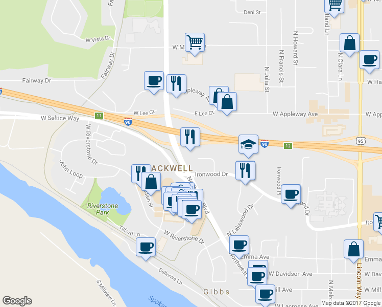 map of restaurants, bars, coffee shops, grocery stores, and more near 1381 West Northwood Center Court in Coeur d'Alene