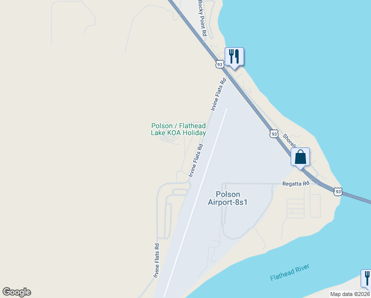 map of restaurants, bars, coffee shops, grocery stores, and more near 200 Irvine Flats Road in Polson