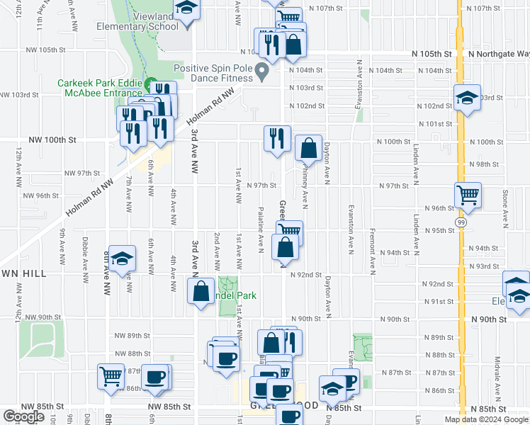 map of restaurants, bars, coffee shops, grocery stores, and more near 9520 Palatine Avenue North in Seattle