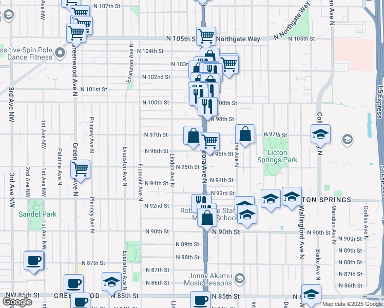 map of restaurants, bars, coffee shops, grocery stores, and more near 937 North 96th Street in Seattle