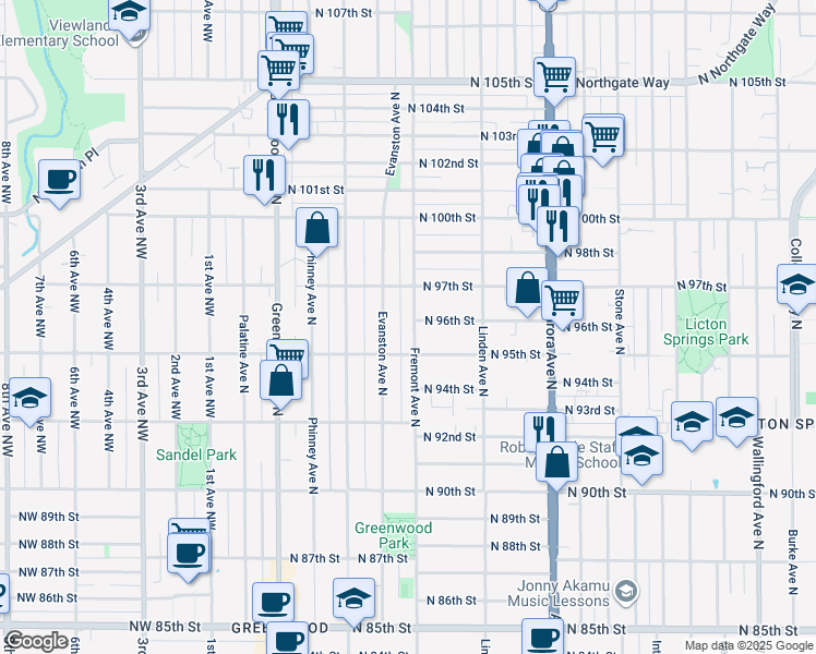 map of restaurants, bars, coffee shops, grocery stores, and more near 9525 Fremont Avenue North in Seattle