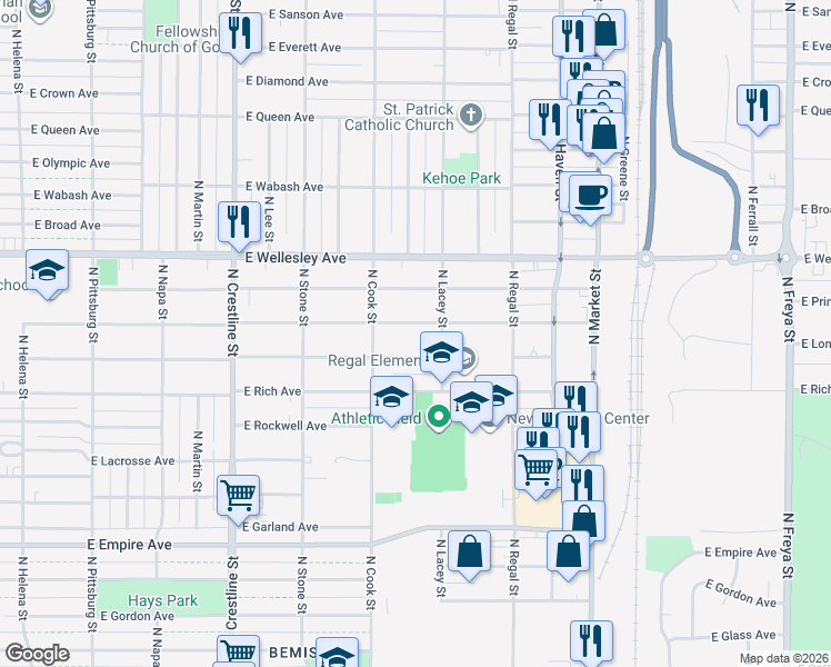 map of restaurants, bars, coffee shops, grocery stores, and more near 2608 E Heroy Ave in Spokane