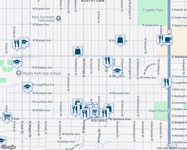 map of restaurants, bars, coffee shops, grocery stores, and more near 4404 North Lincoln Street in Spokane