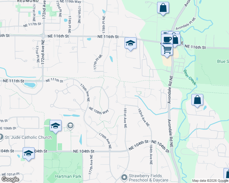 map of restaurants, bars, coffee shops, grocery stores, and more near 18010 Northeast 109th Court in Redmond
