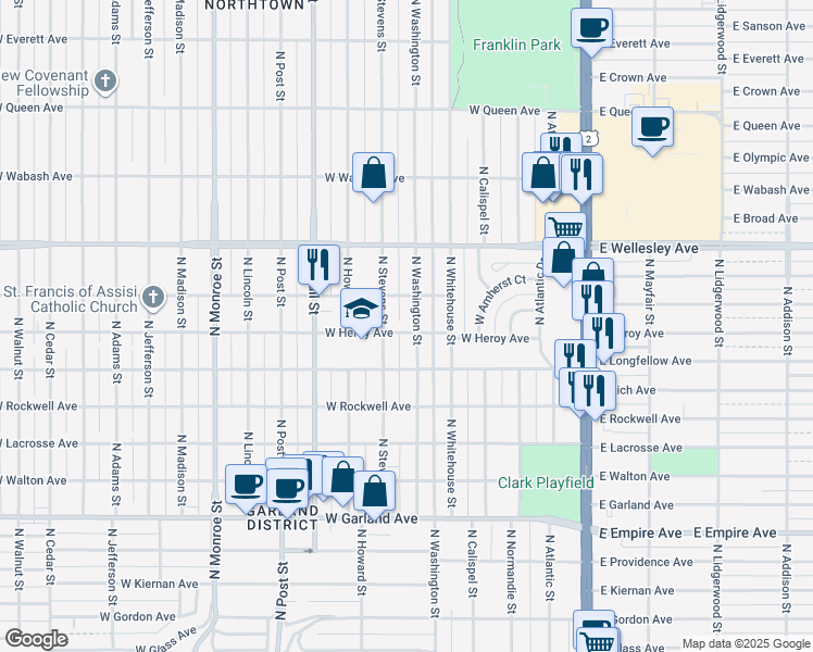 map of restaurants, bars, coffee shops, grocery stores, and more near 404 West Heroy Avenue in Spokane