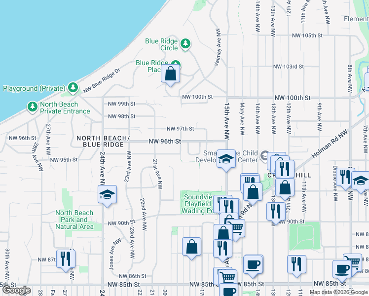 map of restaurants, bars, coffee shops, grocery stores, and more near 9511 18th Place Northwest in Seattle
