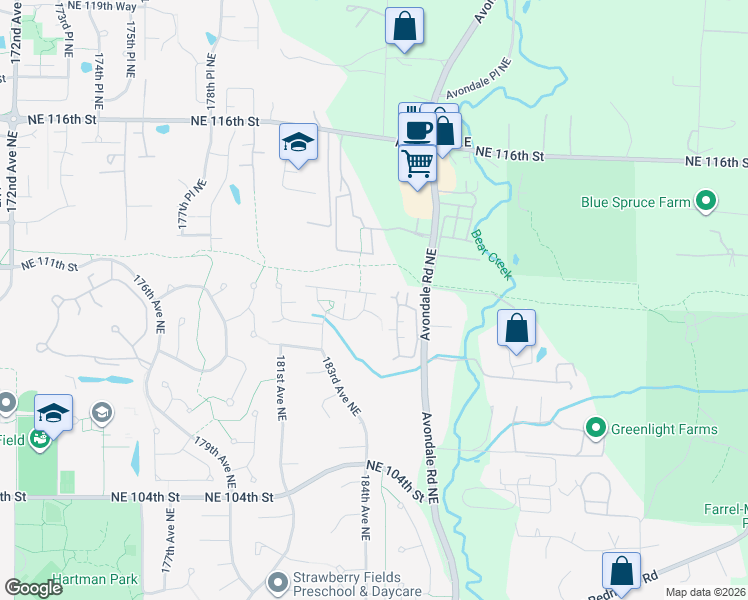 map of restaurants, bars, coffee shops, grocery stores, and more near 18321 Northeast 111th Street in Redmond