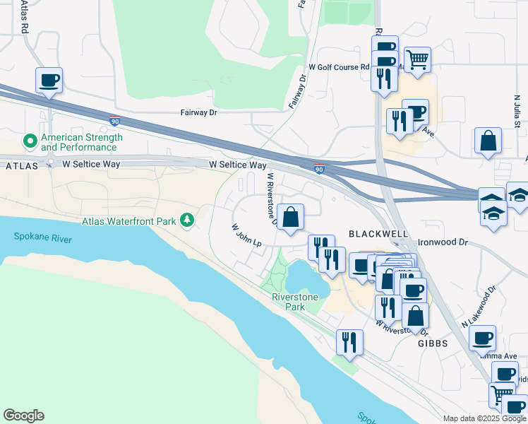 map of restaurants, bars, coffee shops, grocery stores, and more near 2539 John Loop in Coeur d'Alene