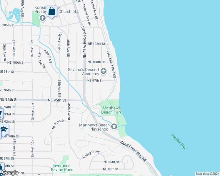 map of restaurants, bars, coffee shops, grocery stores, and more near 9545 Lake Shore Boulevard Northeast in Seattle