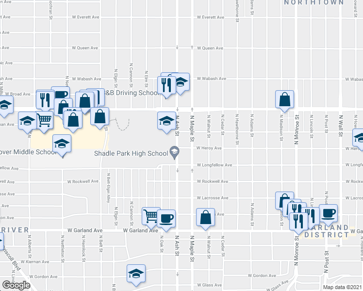 map of restaurants, bars, coffee shops, grocery stores, and more near 4404 N Ash St in Spokane