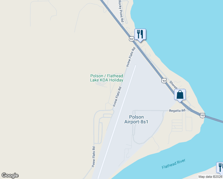 map of restaurants, bars, coffee shops, grocery stores, and more near 200 Irvine Flats Road in Polson