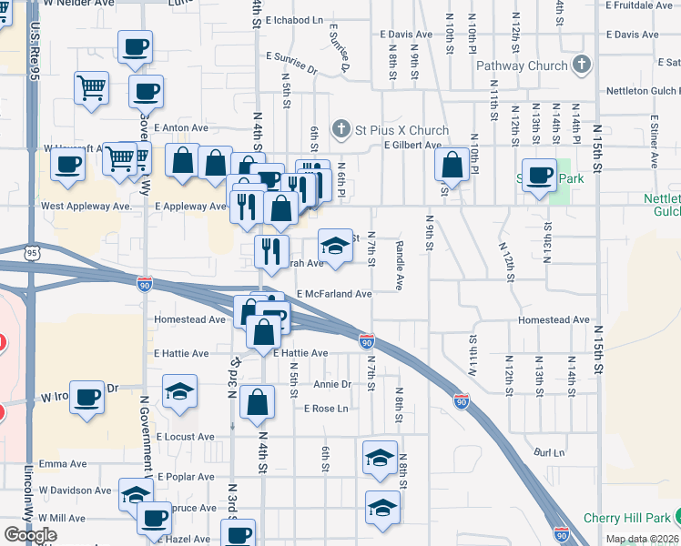 map of restaurants, bars, coffee shops, grocery stores, and more near 632 East Borah Avenue in Coeur d'Alene