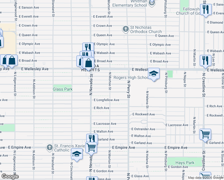 map of restaurants, bars, coffee shops, grocery stores, and more near 1215 East Heroy Avenue in Spokane